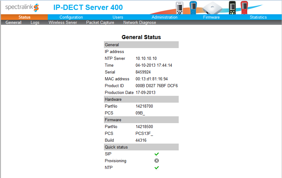 Графический интерфейс Spectralink IP-DECT Server 400